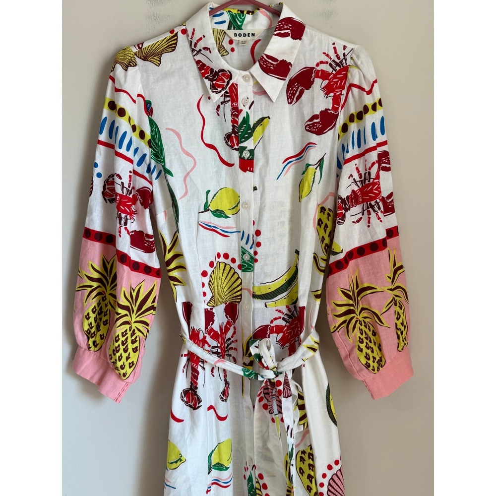 Boden Clara Linen Maxi Shirt Dress Womens 12 White Lobster Pineapple Belted - Picture 3 of 12